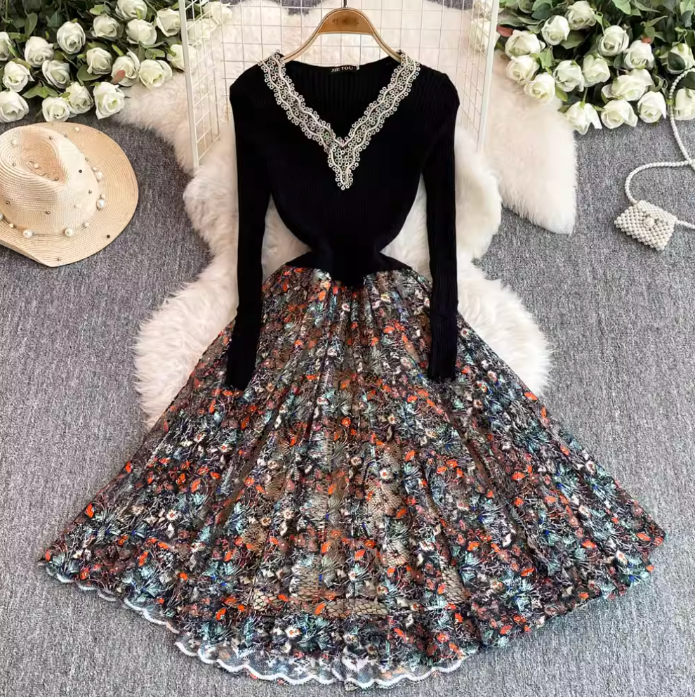 Courtly Floral Patchwork Embroidered Dress