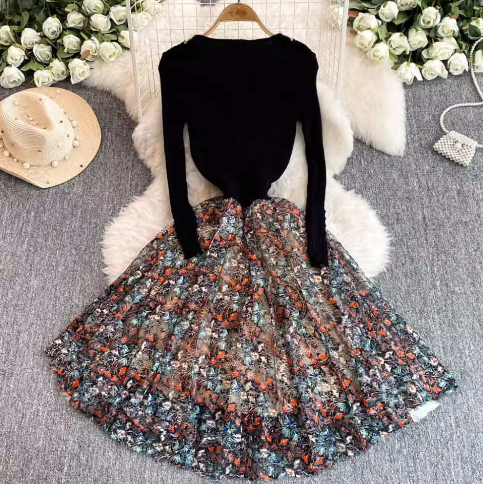 Courtly Floral Patchwork Embroidered Dress