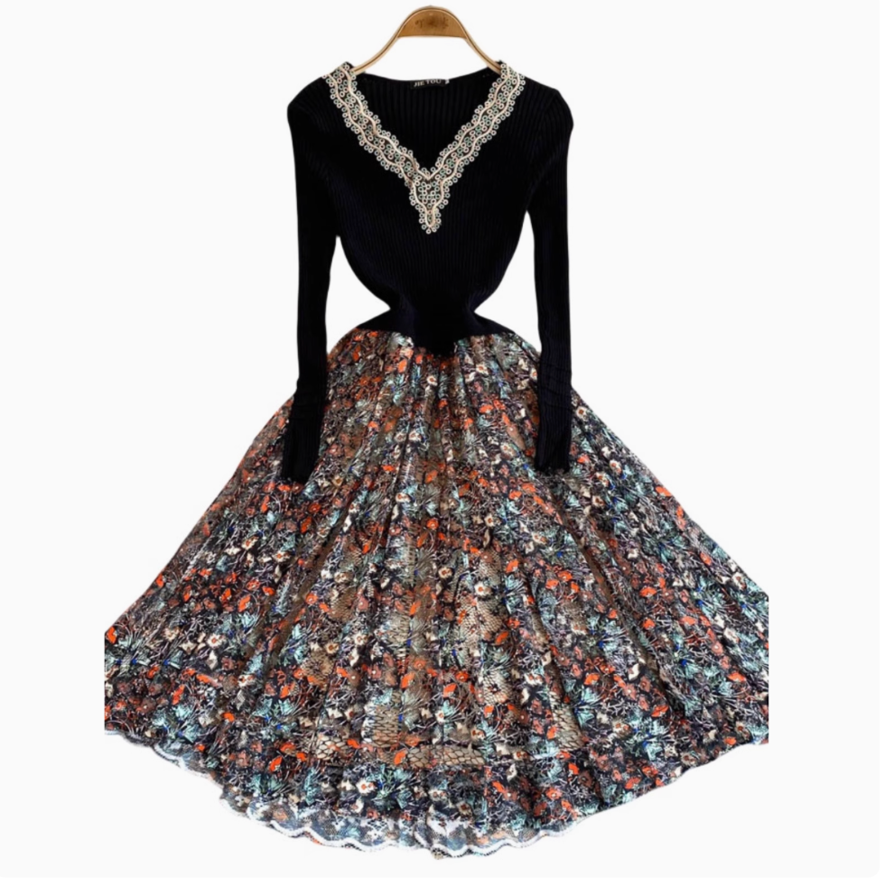 Courtly Floral Patchwork Embroidered Dress