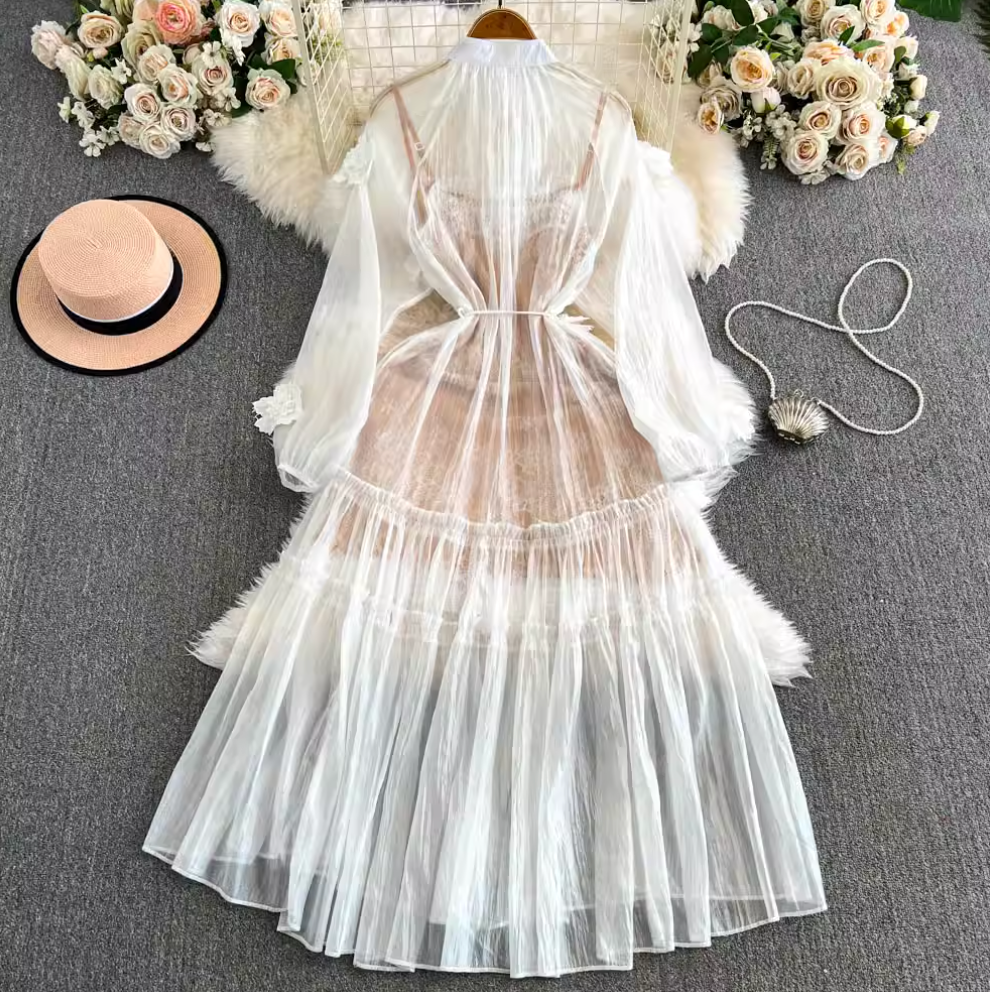 Niche 3d Floral Outwear & Slip Dress 2Pcs