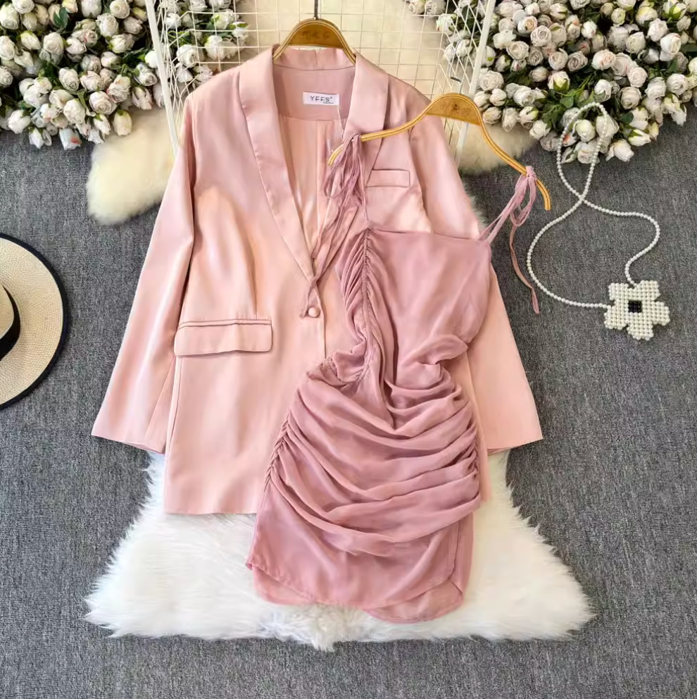 Satin Dress & Slip Dress Pink 2Pcs