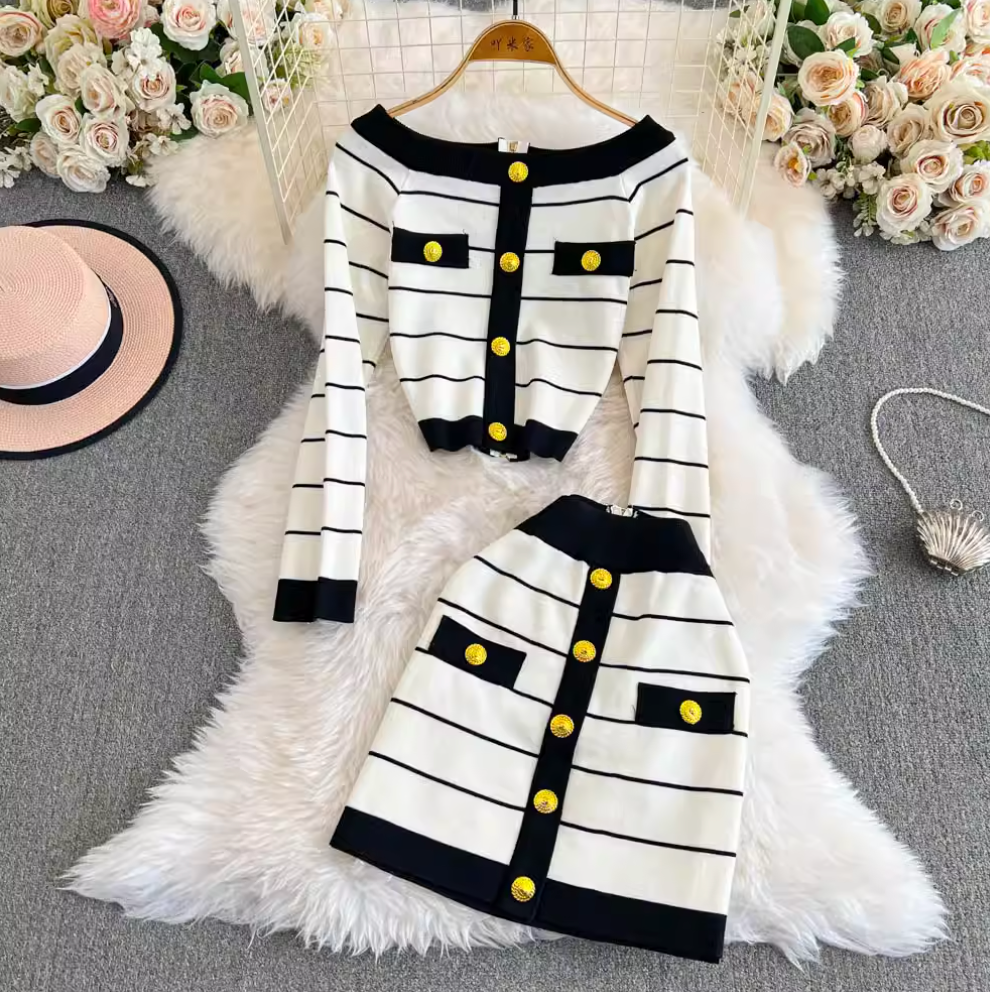 Color-blocking Striped Cardigan & Skirt 2Pcs