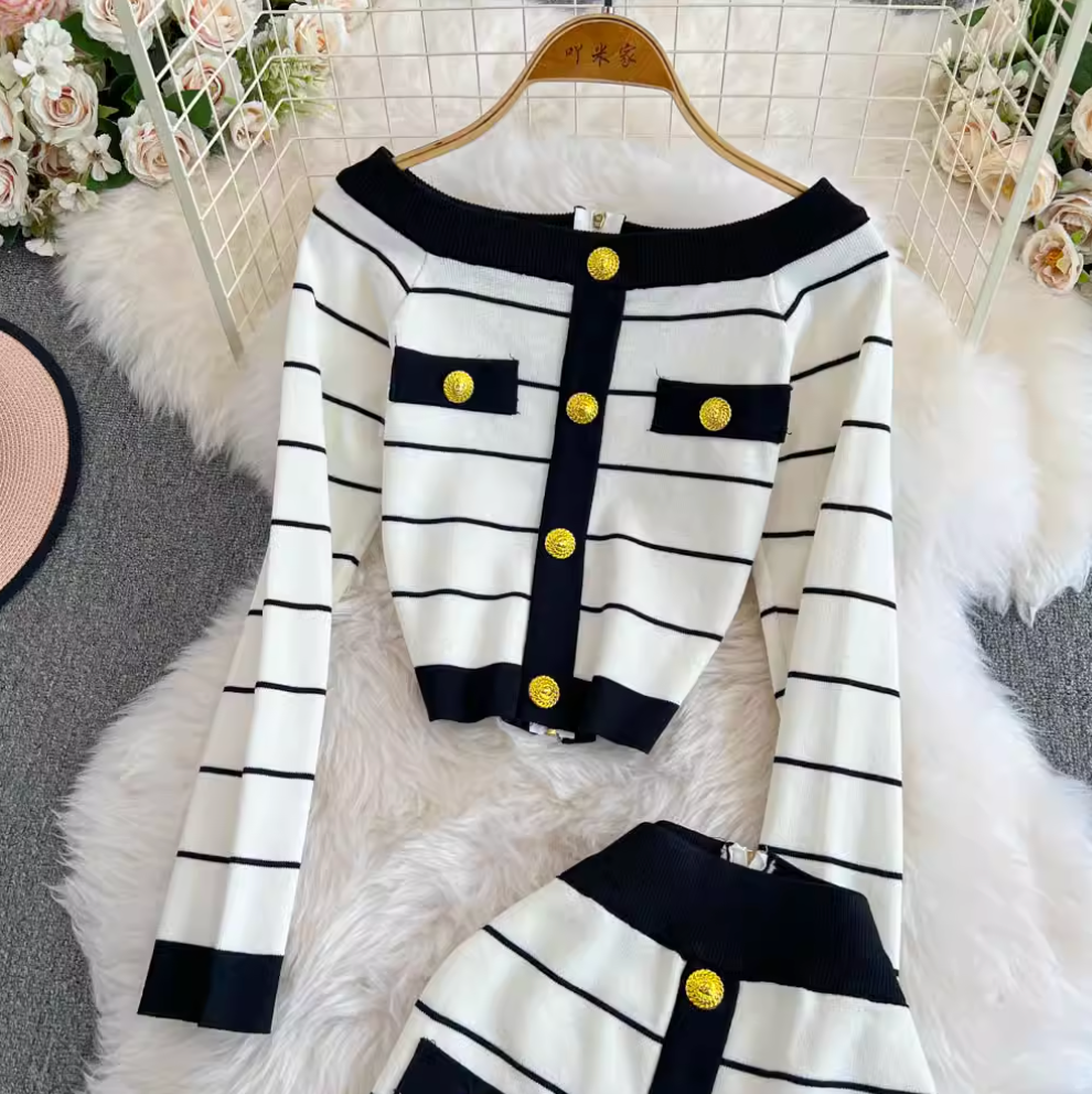 Color-blocking Striped Cardigan & Skirt 2Pcs