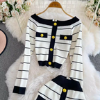 Color-blocking Striped Cardigan & Skirt 2Pcs