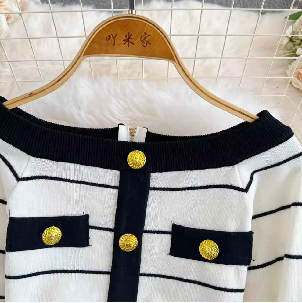 Color-blocking Striped Cardigan & Skirt 2Pcs