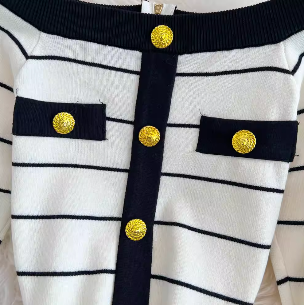 Color-blocking Striped Cardigan & Skirt 2Pcs