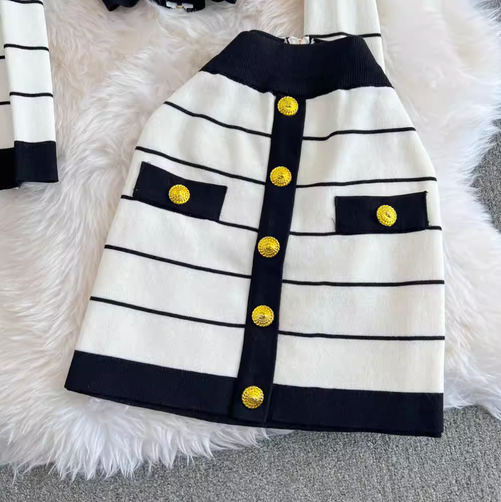 Color-blocking Striped Cardigan & Skirt 2Pcs