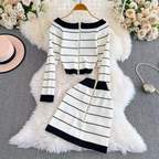 Color-blocking Striped Cardigan & Skirt 2Pcs