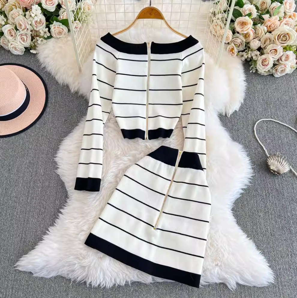 Color-blocking Striped Cardigan & Skirt 2Pcs