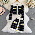 Color-blocking Striped Cardigan & Skirt 2Pcs