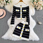Color-blocking Striped Cardigan & Skirt 2Pcs