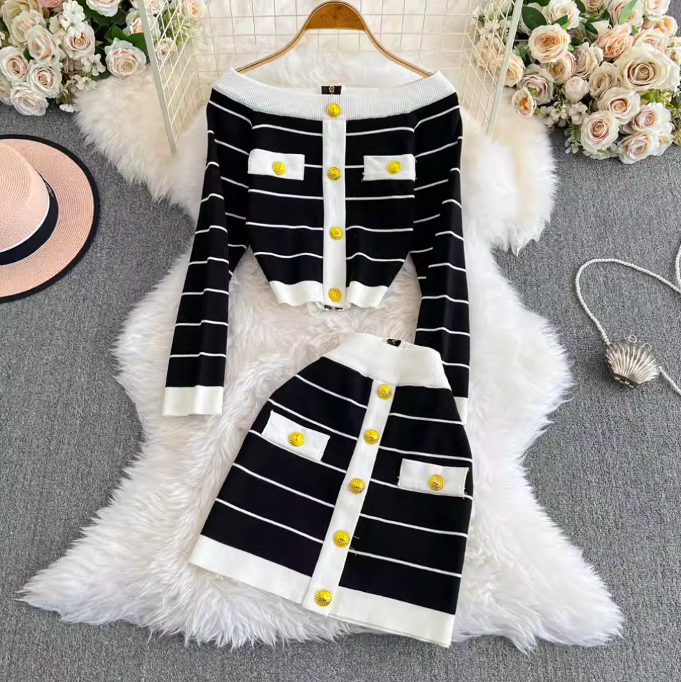 Color-blocking Striped Cardigan & Skirt 2Pcs