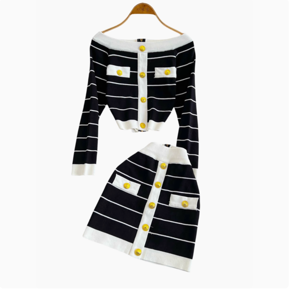 Color-blocking Striped Cardigan & Skirt 2Pcs