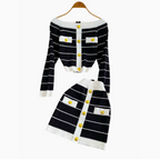 Color-blocking Striped Cardigan & Skirt 2Pcs