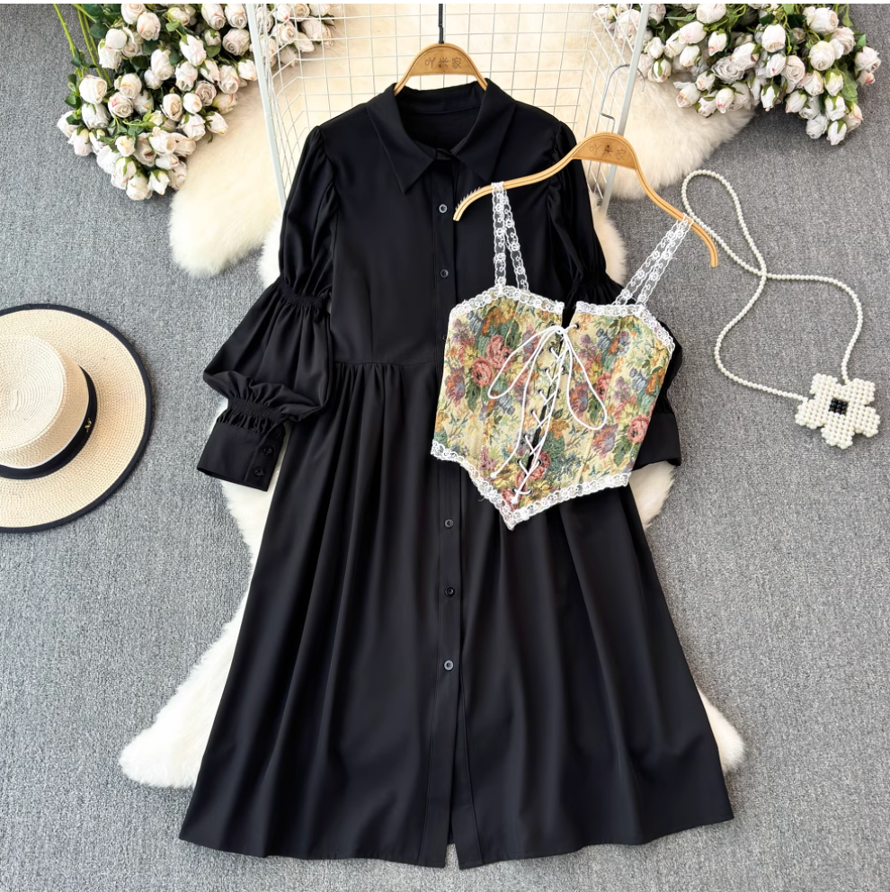 Black Shirt Dress & Floral Camisole 2Pcs