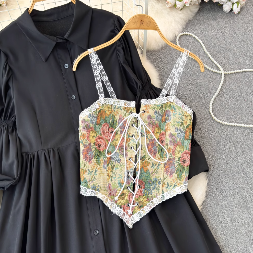 Black Shirt Dress & Floral Camisole 2Pcs
