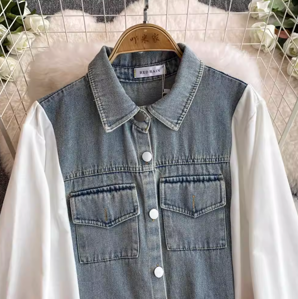 Denim Patchwork Shirt Dress with Pockets