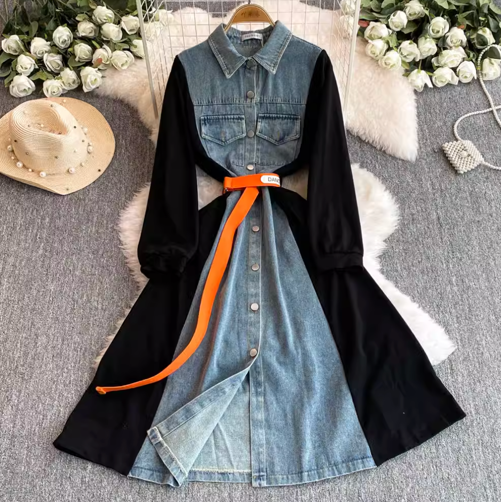 Denim Patchwork Shirt Dress with Pockets