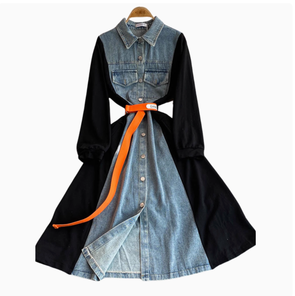 Denim Patchwork Shirt Dress with Pockets
