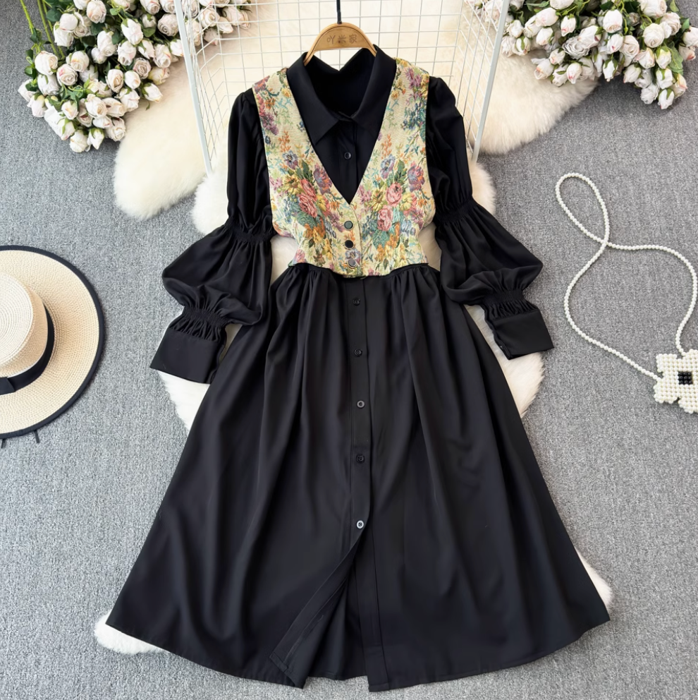 V-neck Floral Camisole & Shirt Dress 2Pcs