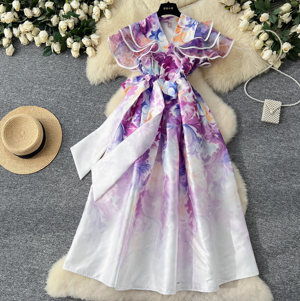 Courtly Floral Printed Ruffled Sleeve Dress