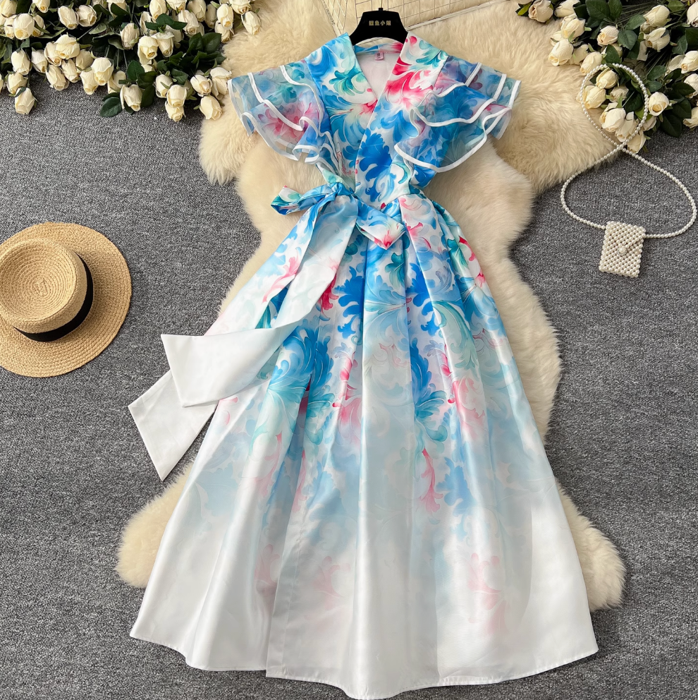 Courtly Floral Printed Ruffled Sleeve Dress