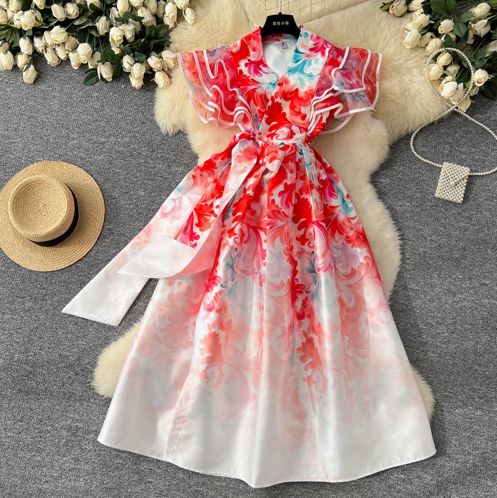 Courtly Floral Printed Ruffled Sleeve Dress