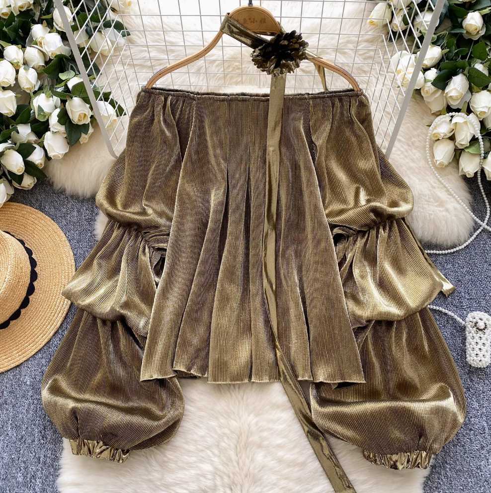 Metal Color Off-shoulder Shirt with Choker