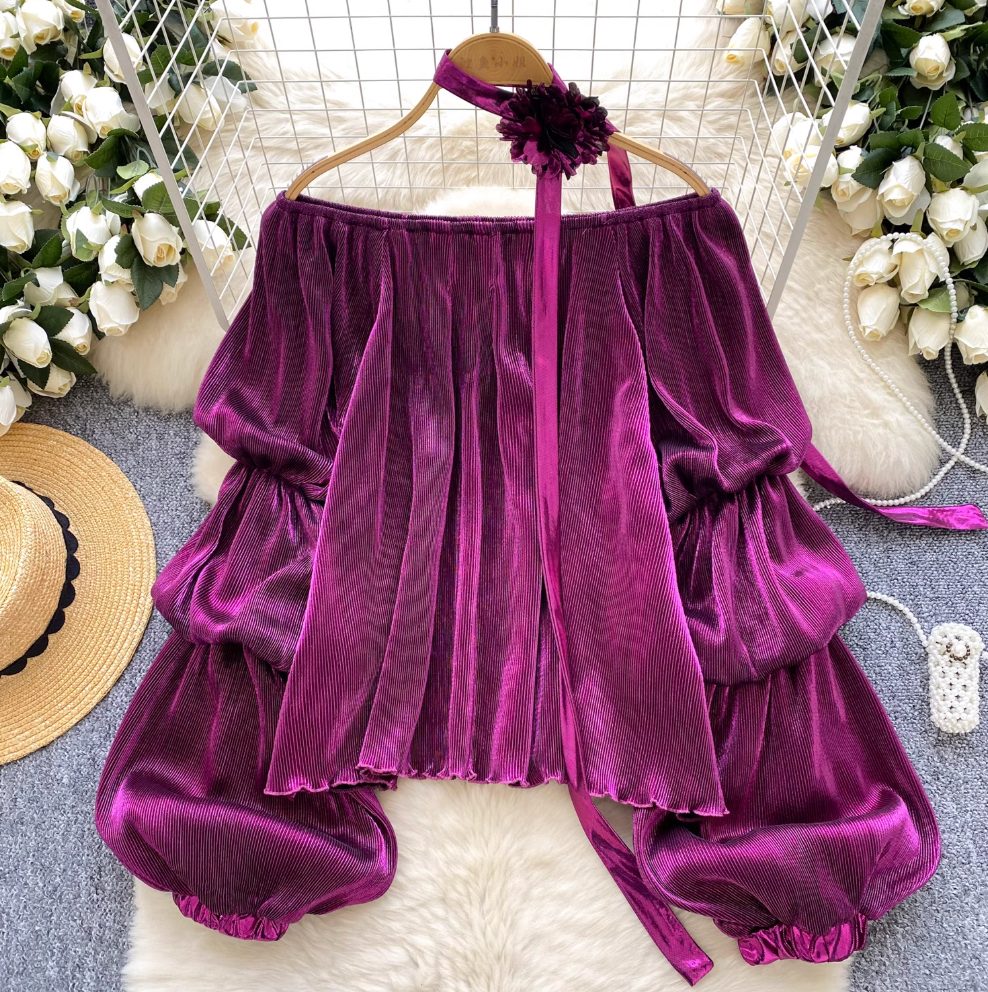 Metal Color Off-shoulder Shirt with Choker