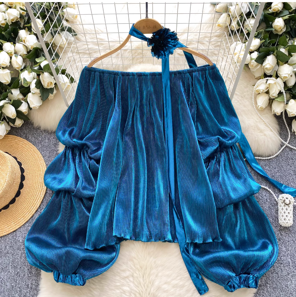 Metal Color Off-shoulder Shirt with Choker
