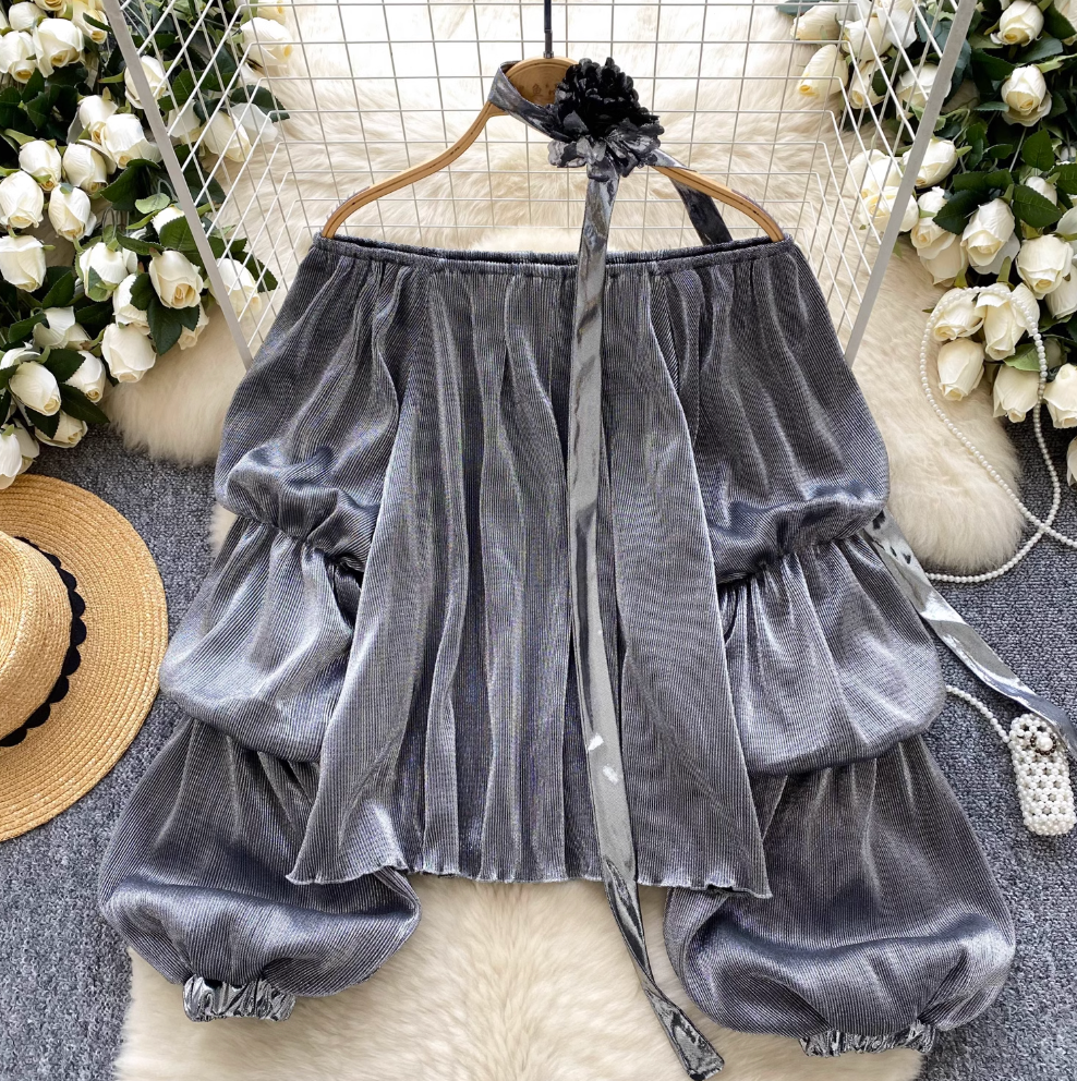 Metal Color Off-shoulder Shirt with Choker