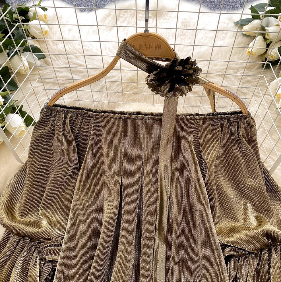 Metal Color Off-shoulder Shirt with Choker