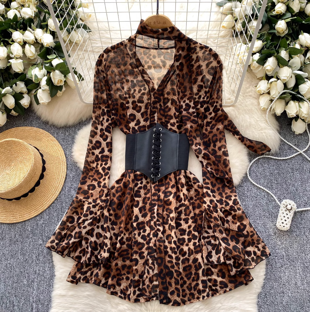 Leopard Printed Chiffon Dress with Girdle