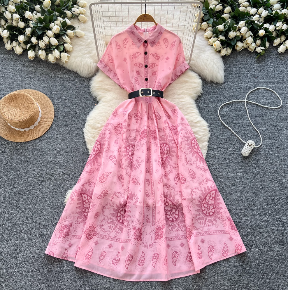 Vintage Short-sleeve Printed Shirt Dress