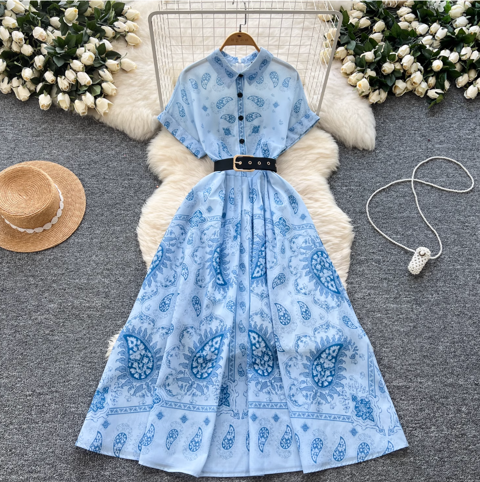 Vintage Short-sleeve Printed Shirt Dress