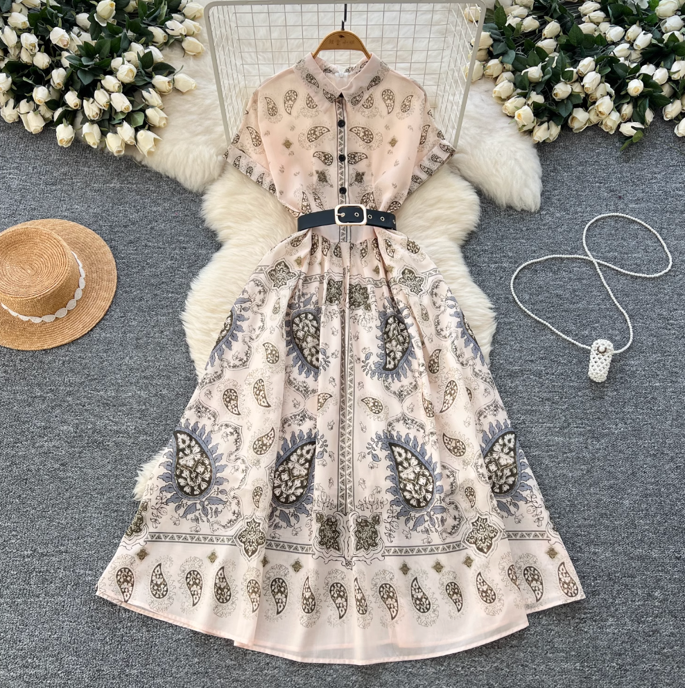 Vintage Short-sleeve Printed Shirt Dress