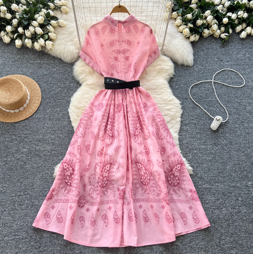 Vintage Short-sleeve Printed Shirt Dress