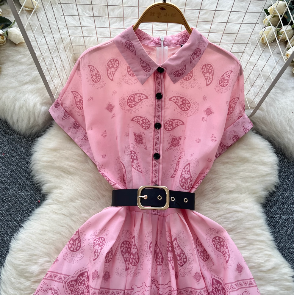 Vintage Short-sleeve Printed Shirt Dress