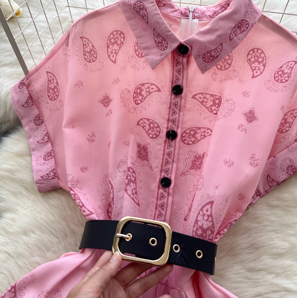 Vintage Short-sleeve Printed Shirt Dress
