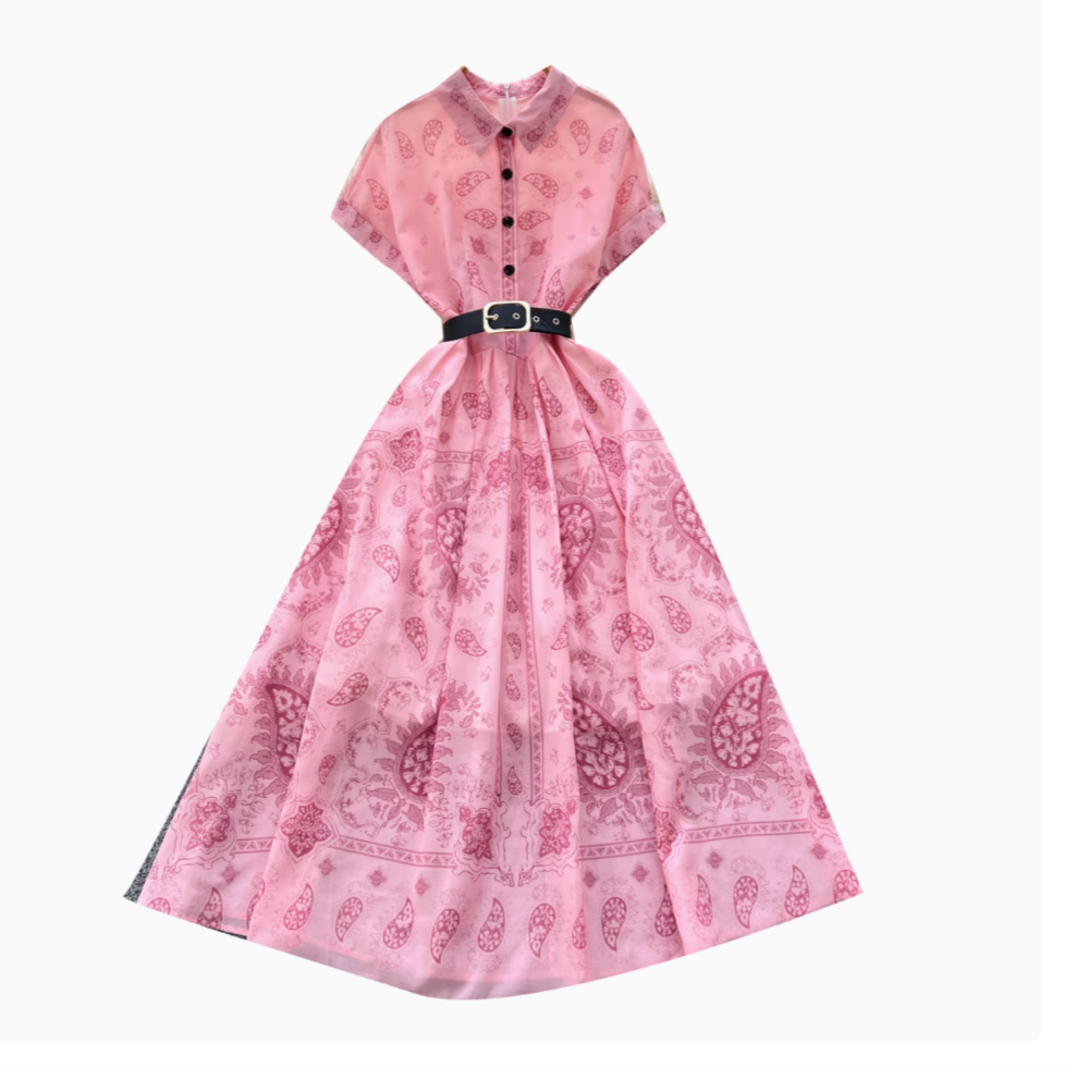 Vintage Short-sleeve Printed Shirt Dress