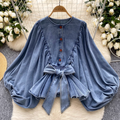 Bat Sleeve Ruffled Denim Shirt