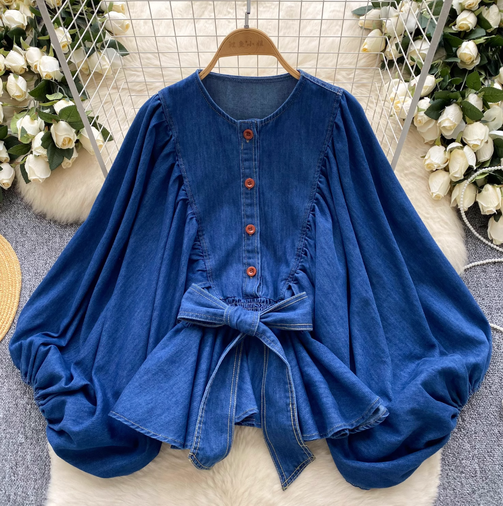 Bat Sleeve Ruffled Denim Shirt