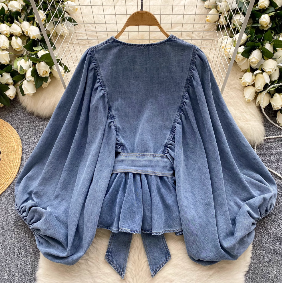 Bat Sleeve Ruffled Denim Shirt