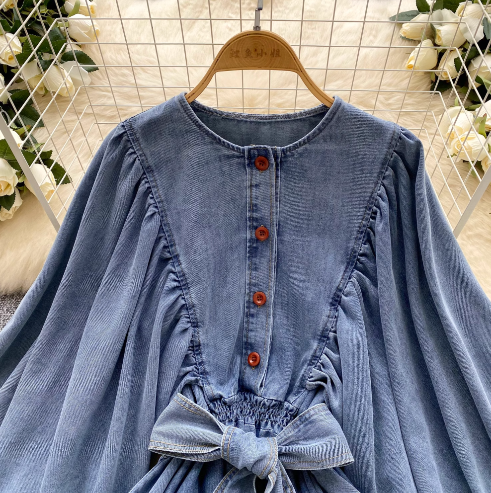 Bat Sleeve Ruffled Denim Shirt