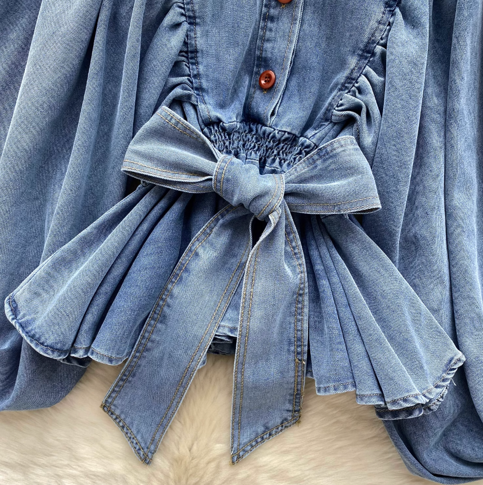 Bat Sleeve Ruffled Denim Shirt