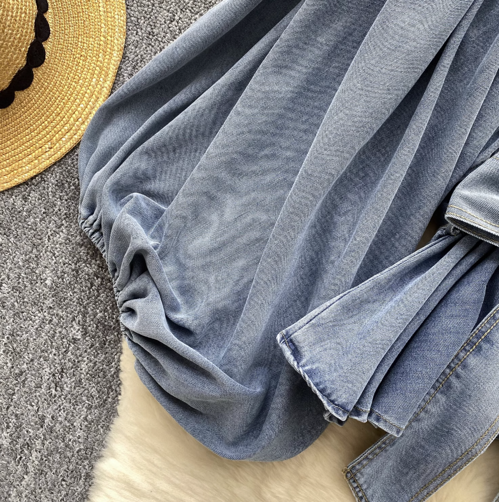 Bat Sleeve Ruffled Denim Shirt