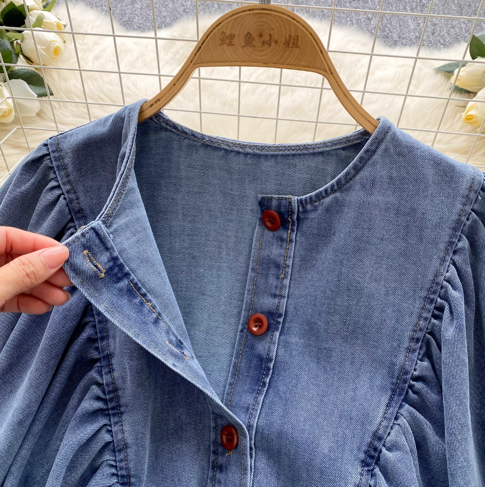 Bat Sleeve Ruffled Denim Shirt
