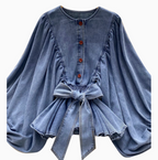 Bat Sleeve Ruffled Denim Shirt