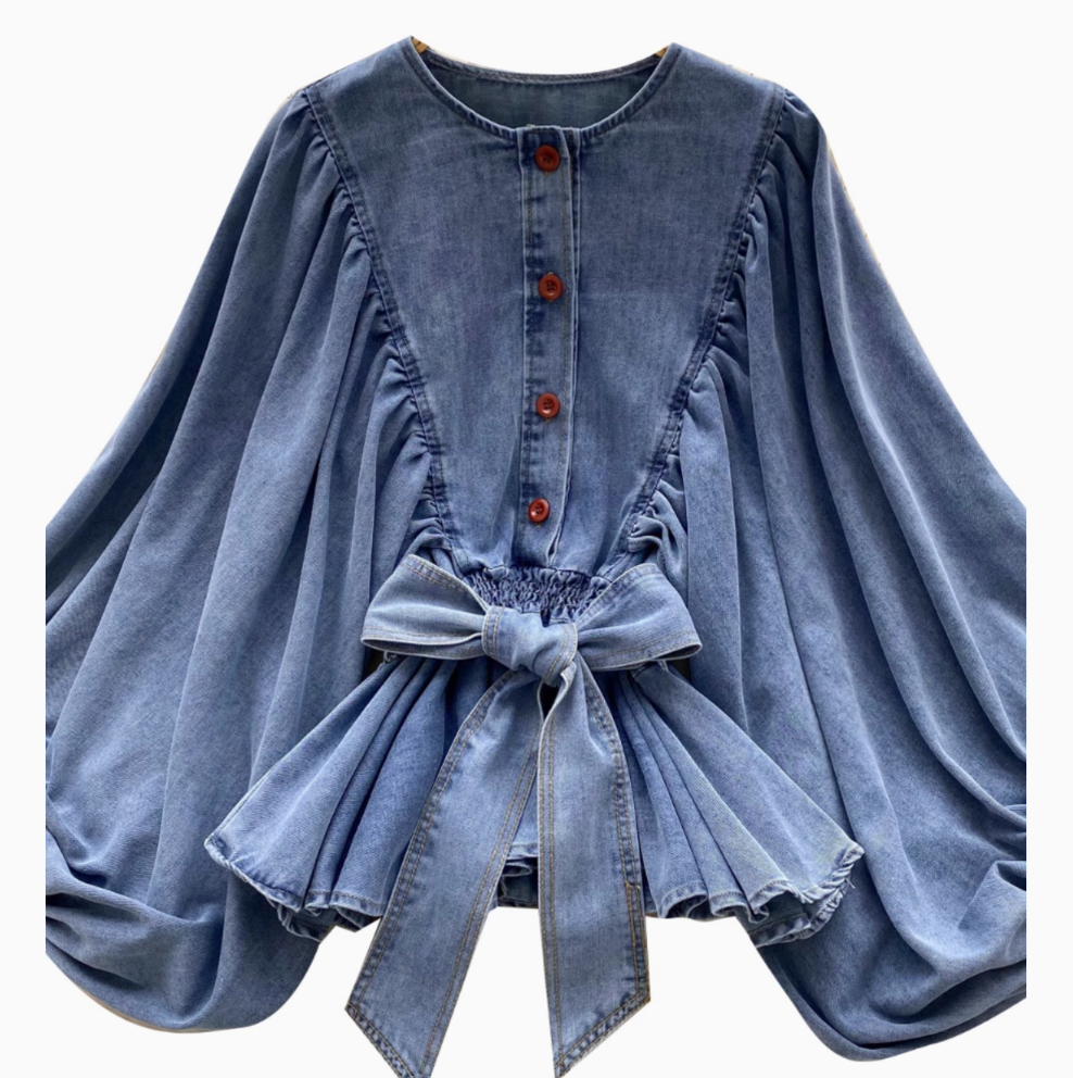 Bat Sleeve Ruffled Denim Shirt
