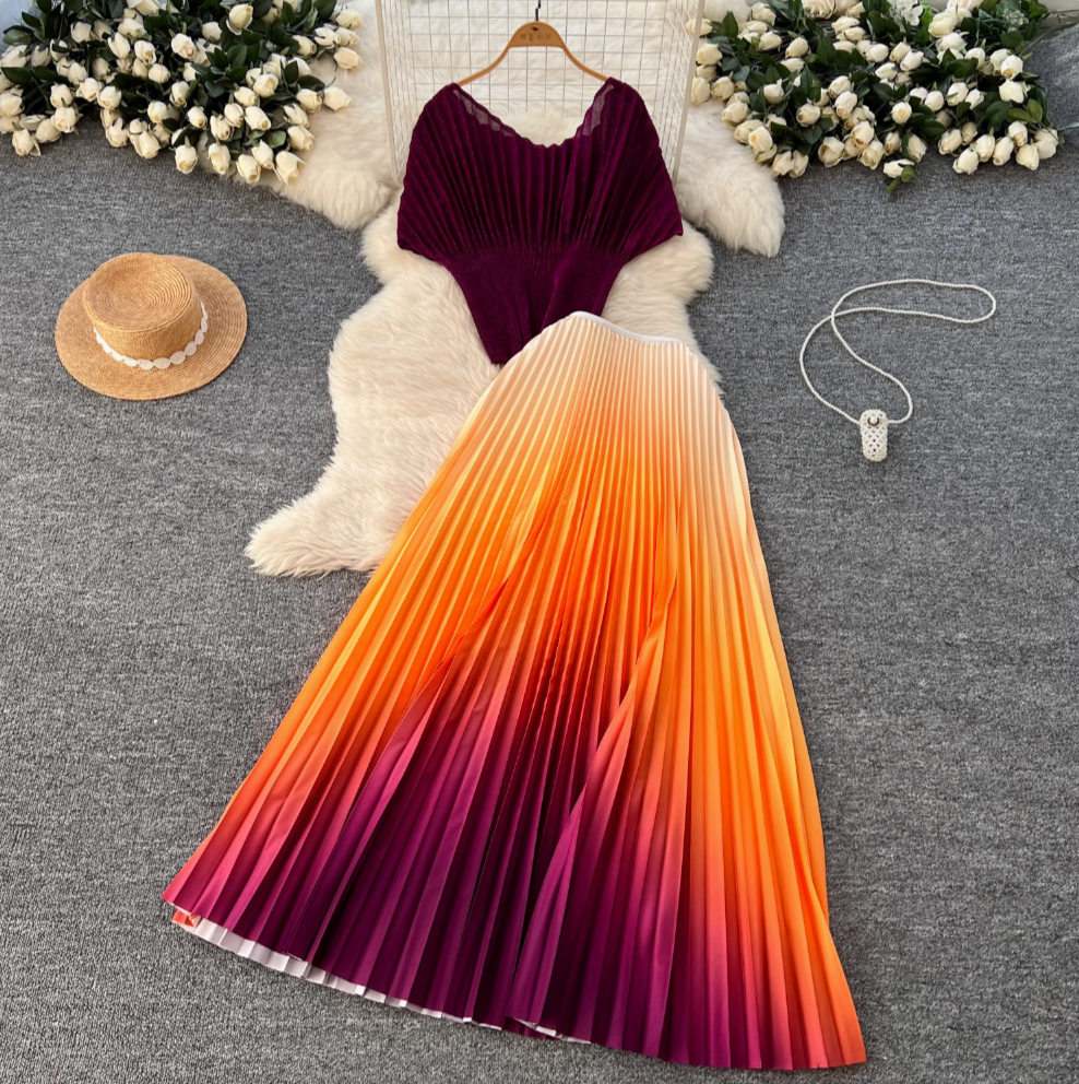 Pleated Top & Skirt Gradient Color 2Pcs